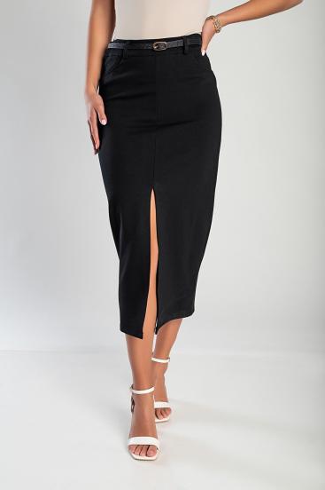 Elegante falda midi con cinturón, negro